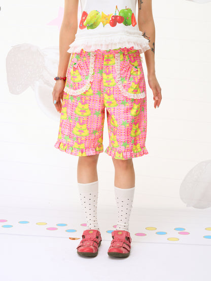 FRUITS Cake Illustration Shorts | Lace-Trimmed Culottes pants Fruits