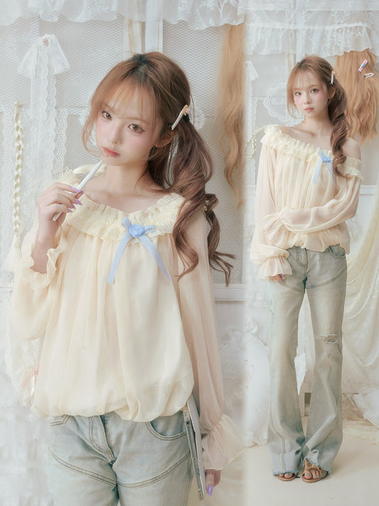 SOS SEAMSTRESS - Vanilla Off Shoulder Chiffon Top shirt SOS SEAMSTRESS