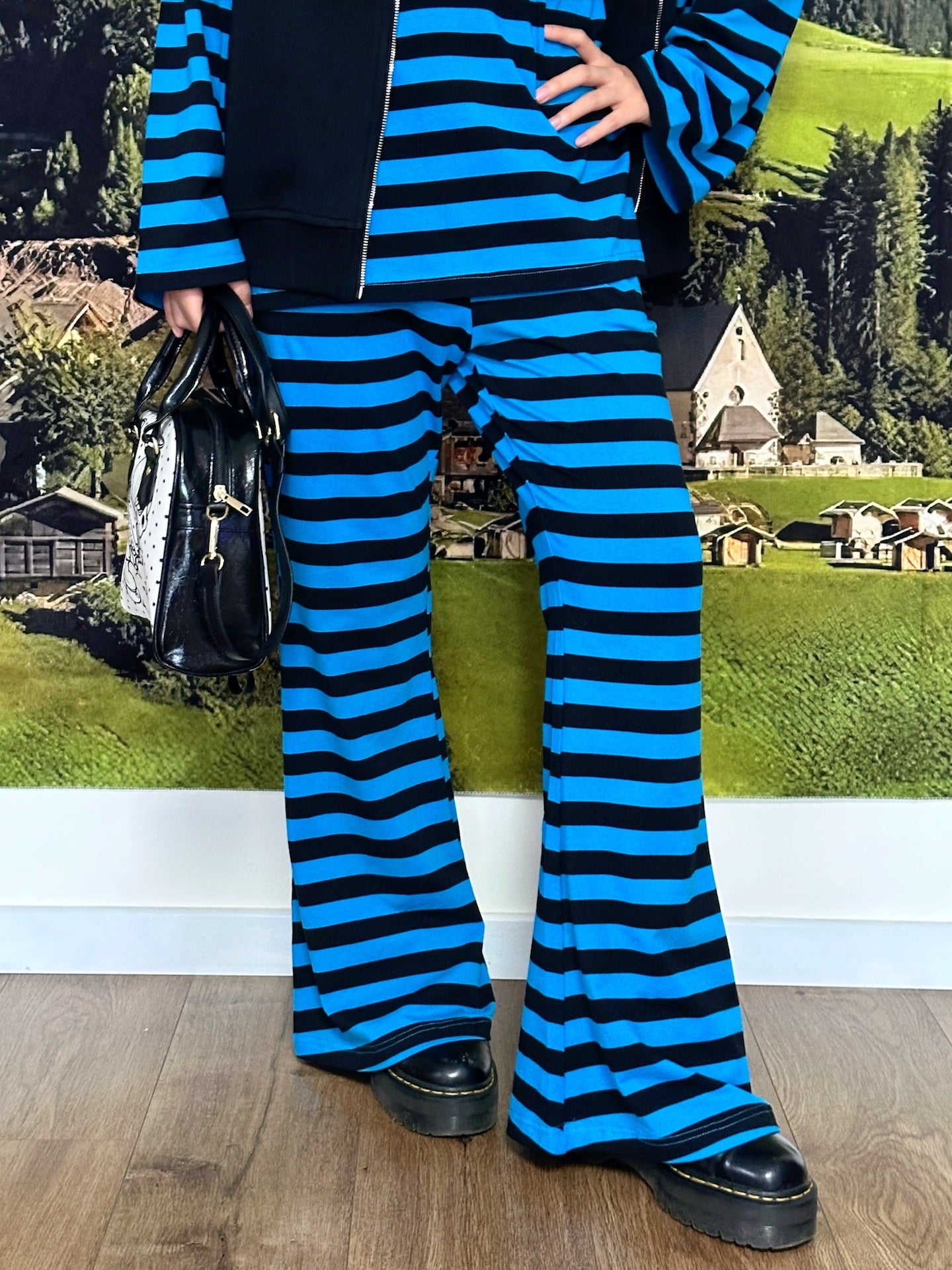 BunnyBunnyGun - Y2K Flare Pants Blue Black Striped Loose Fit pants bunnybunnygun