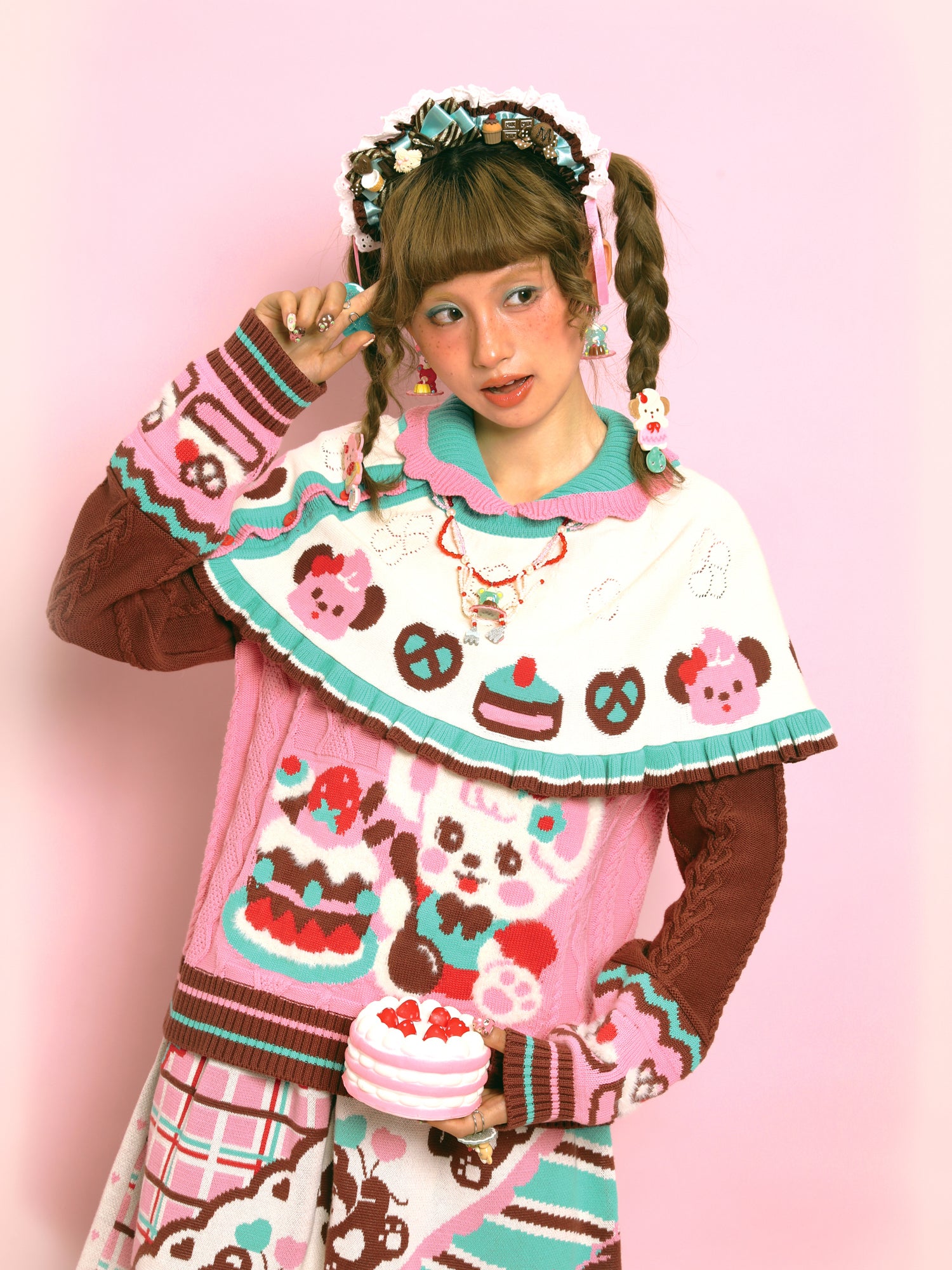 LutraJump - Kawaii Pink Bunny Cable Knit Sweater Cape sweater Lutra Jump