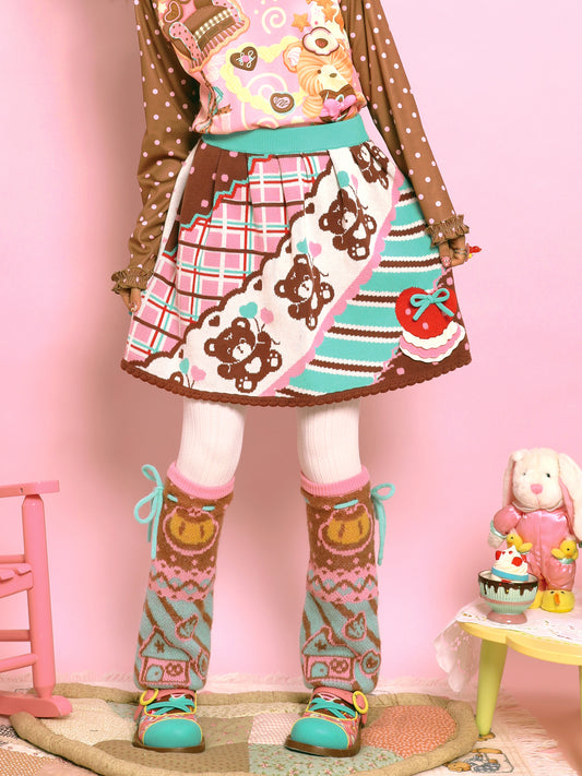 Lutra Jump - Kawaii Bear Stripe Knit Elastic Waist Skirt