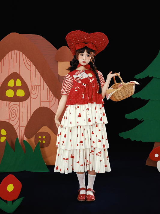 Meugler – Kawaii Red Mushroom Layered Ruffle Cami Dress