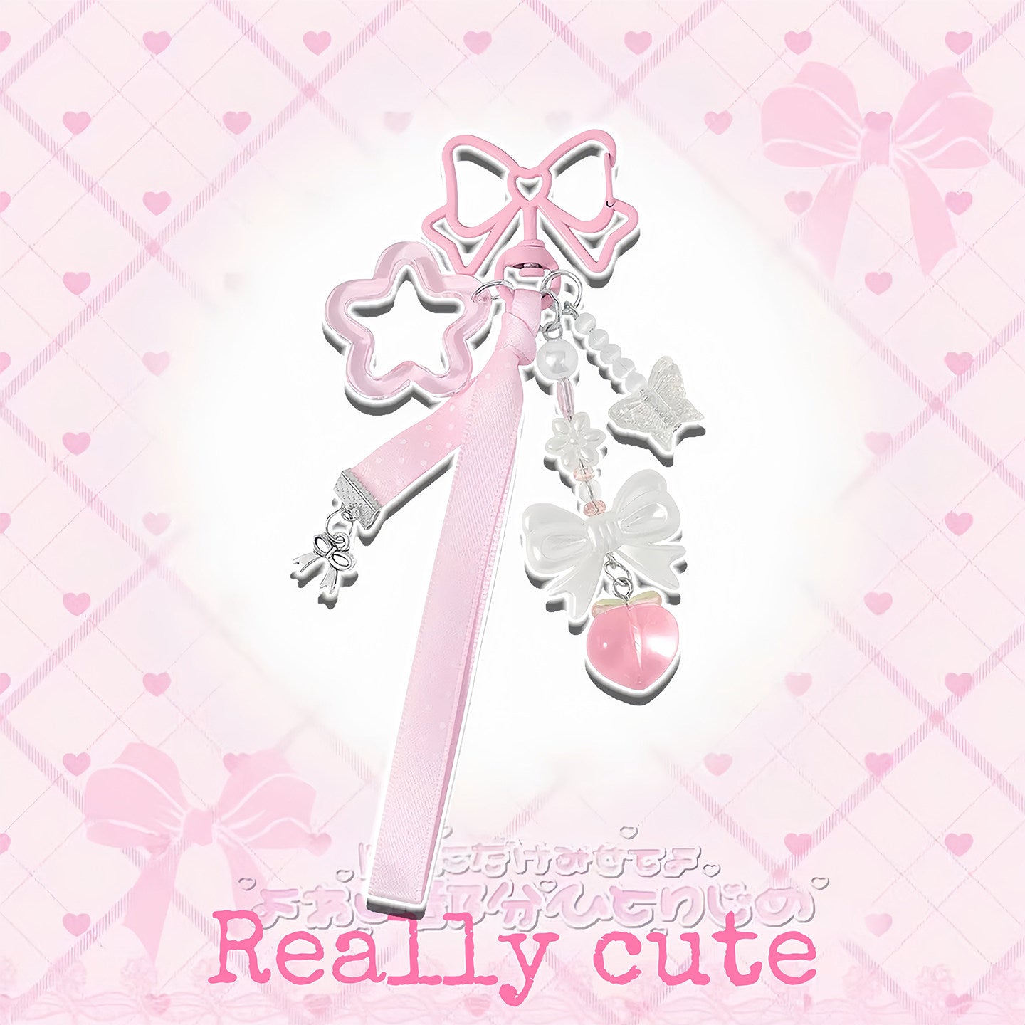 Sweet Pink Bow Peach Bag Charm keychain really cute