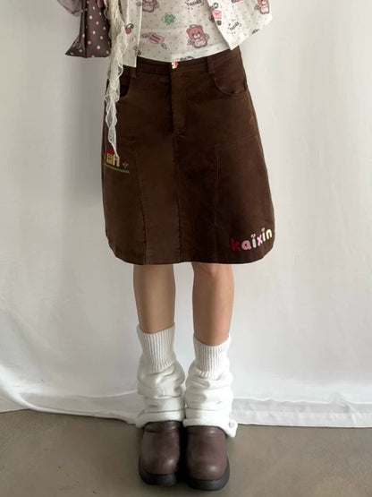 开心招待所秋冬新款棕色灯芯绒刺绣百搭半身裙女 skirt KaiXin hostel