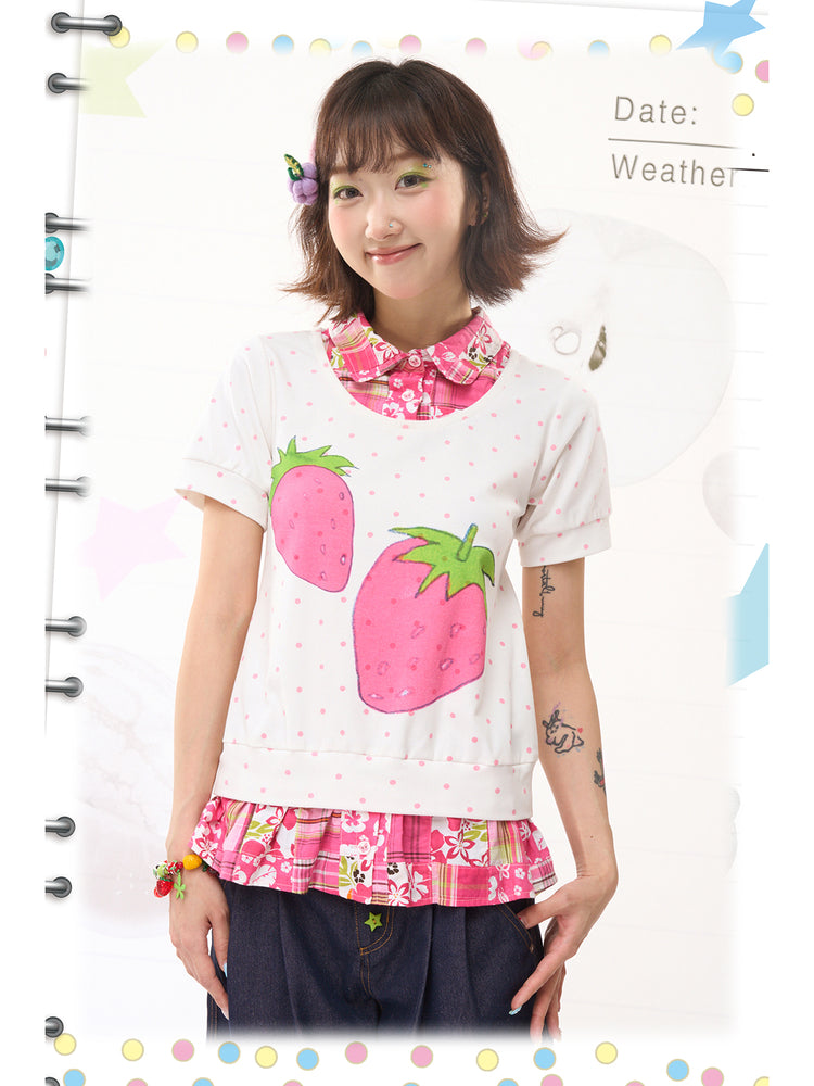 FRUITS Strawberry Polka Dot Tee | Patchwork Layered Two-in-One Tee tshirt Fruits