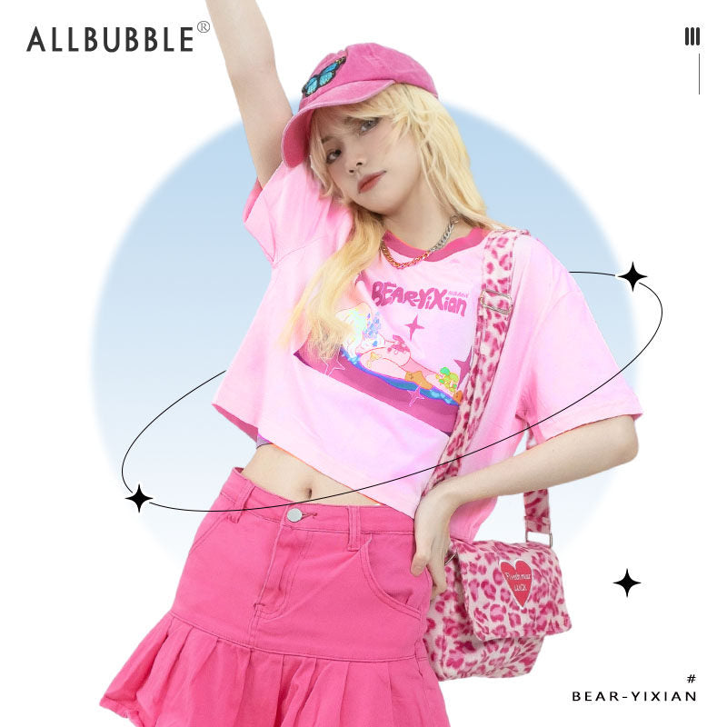 Allbubble - Bear Graphic Cropped T-Shirt shirt Allbubble