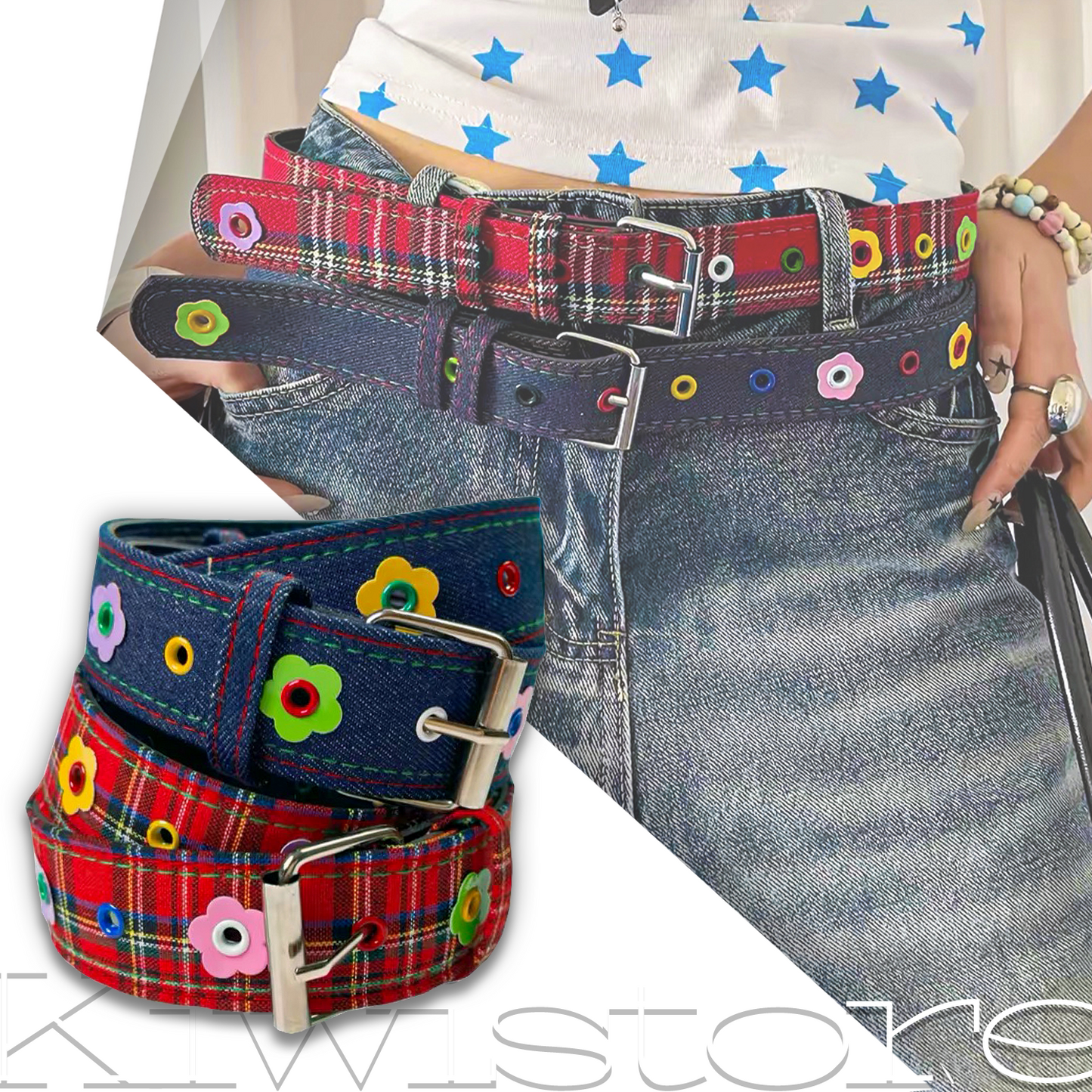 Kiwi Store - Y2K Colorful Plaid Denim Belt belt kiwi store