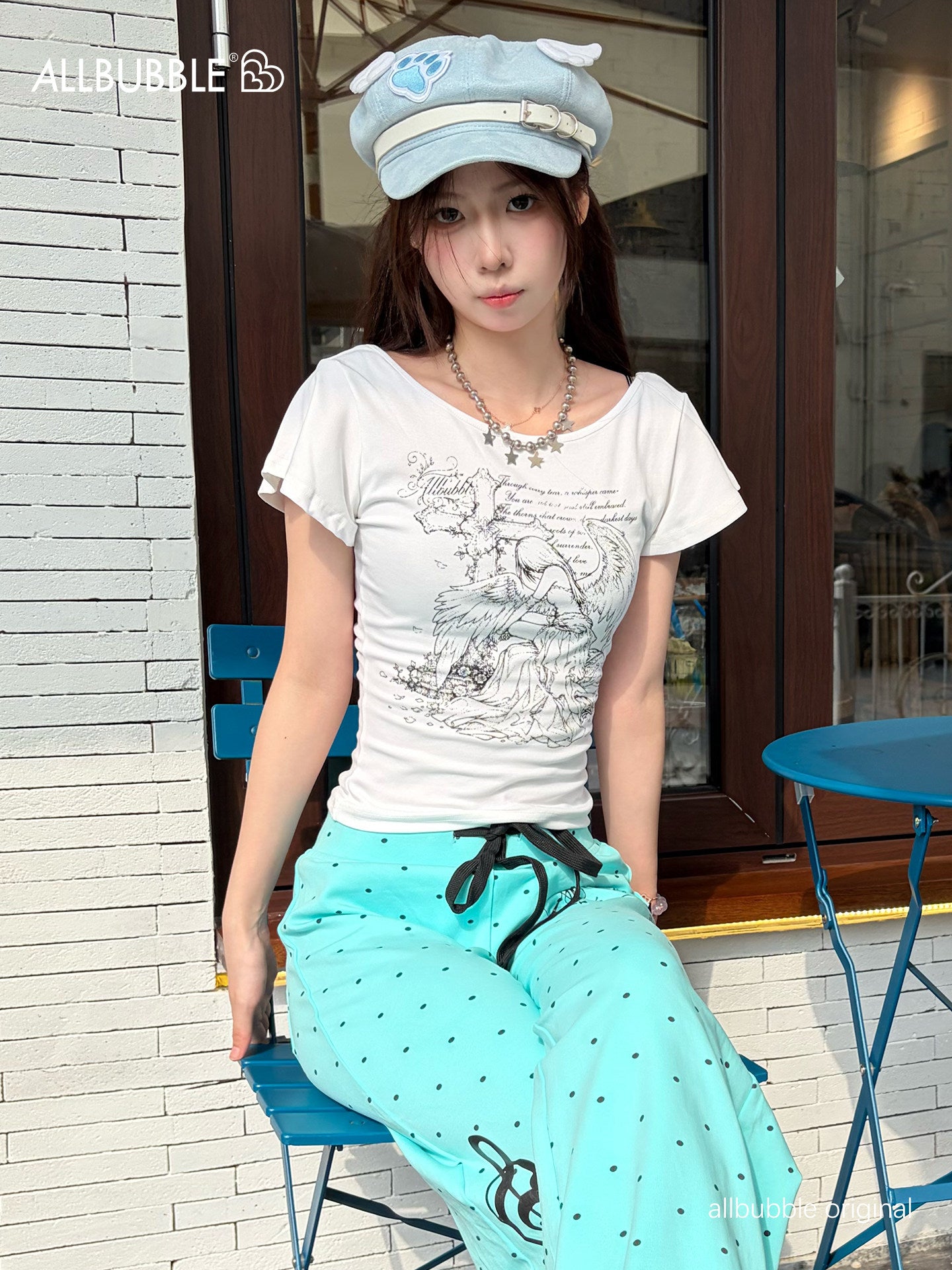 Allbubble - Angel Print Ruffle Sleeve Crop T-Shirt tshirt Allbubble