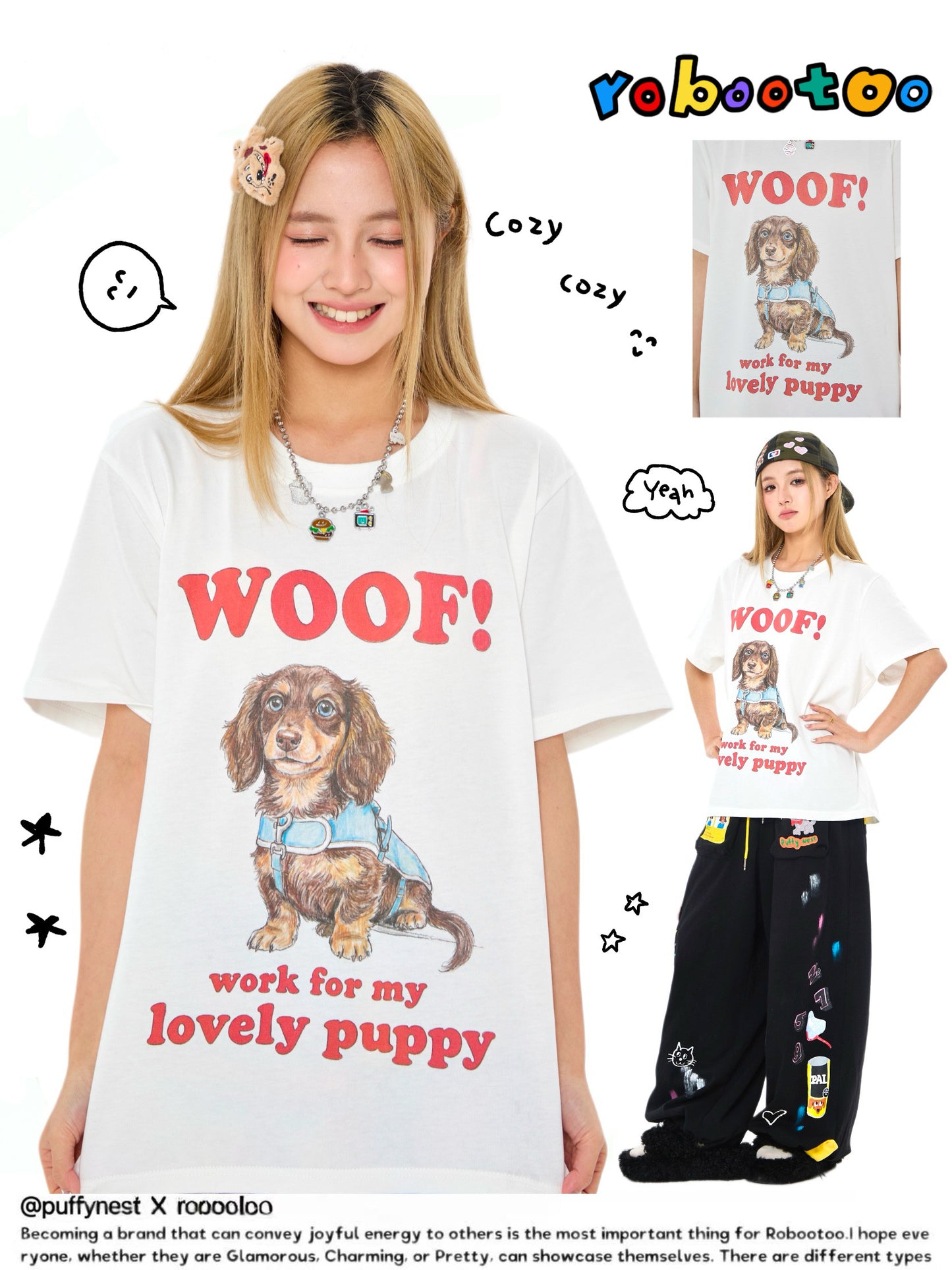 Robootoo - White Dachshund Print Oversized T-Shirt shirt Robootoo
