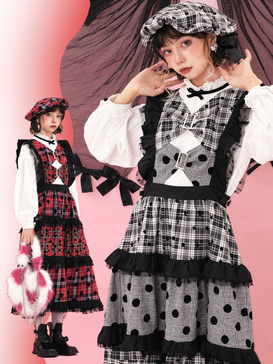 ShiChang Retro Showa Dress | Plaid Tiered Dress | Red Black High Waist Spring Dress dress ShiChang