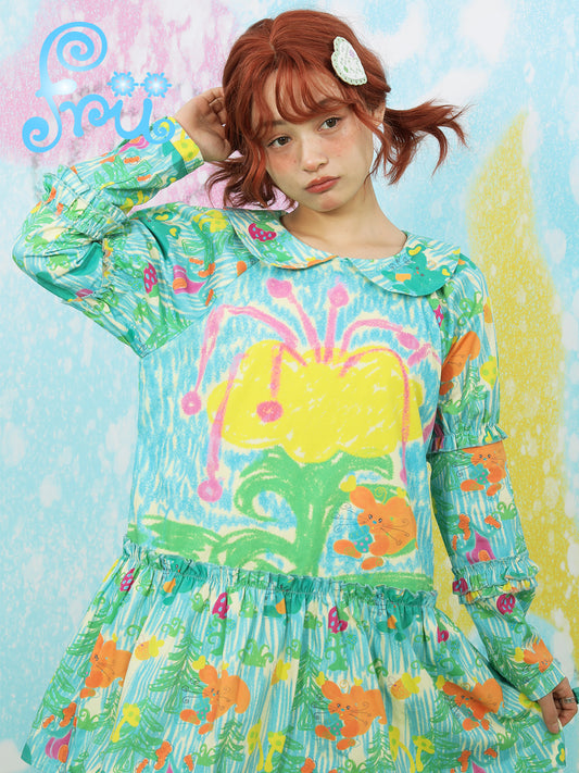 frufru Green Floral Dress | Doll Collar Loose Dress | Winter Dress Long-sleeve Dress
