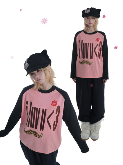 bae bi - Y2K Leopard Letter Raglan Long Sleeve T-Shirt tshirt Bae Bi