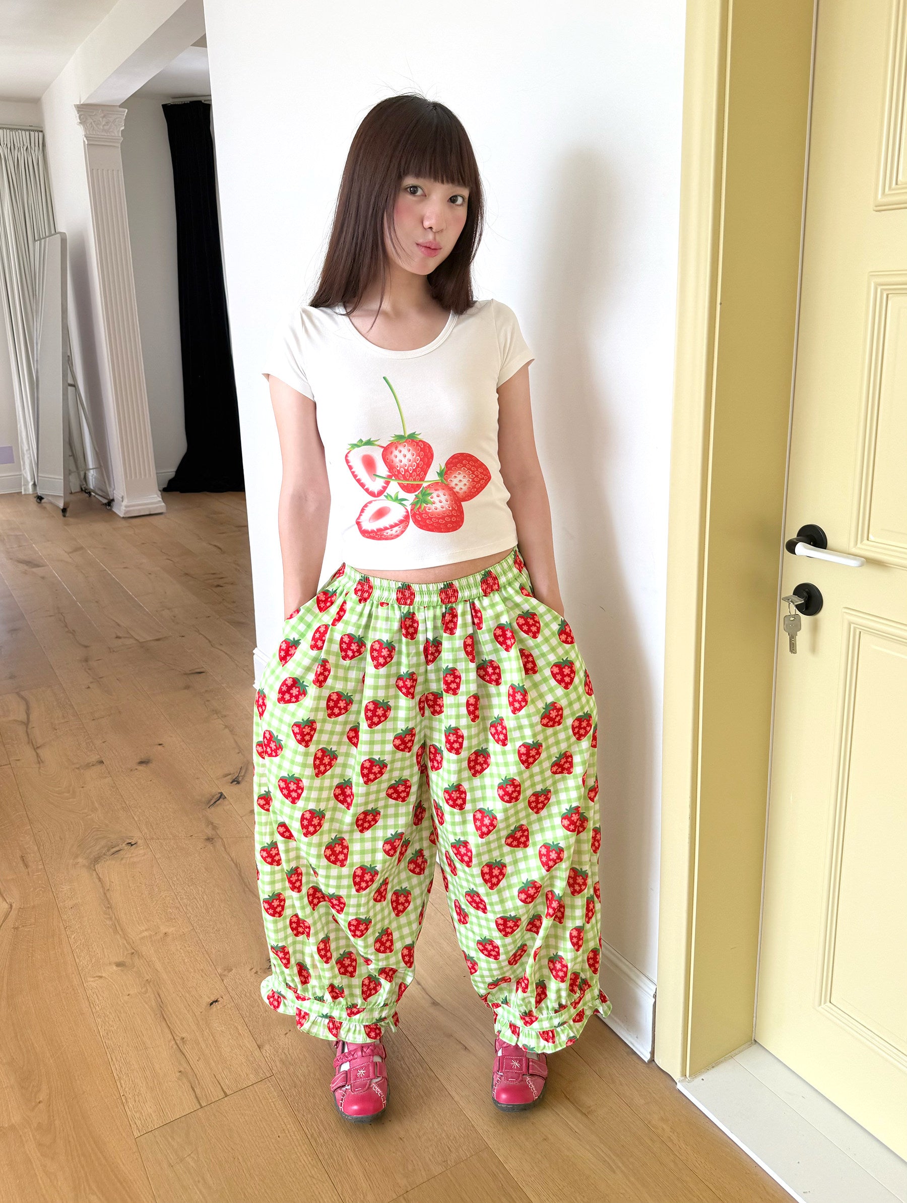 FRUITS - Strawberry Plaid Wide Leg Pants | Kawaii Japanese Streetwear Trousers pants Fruits