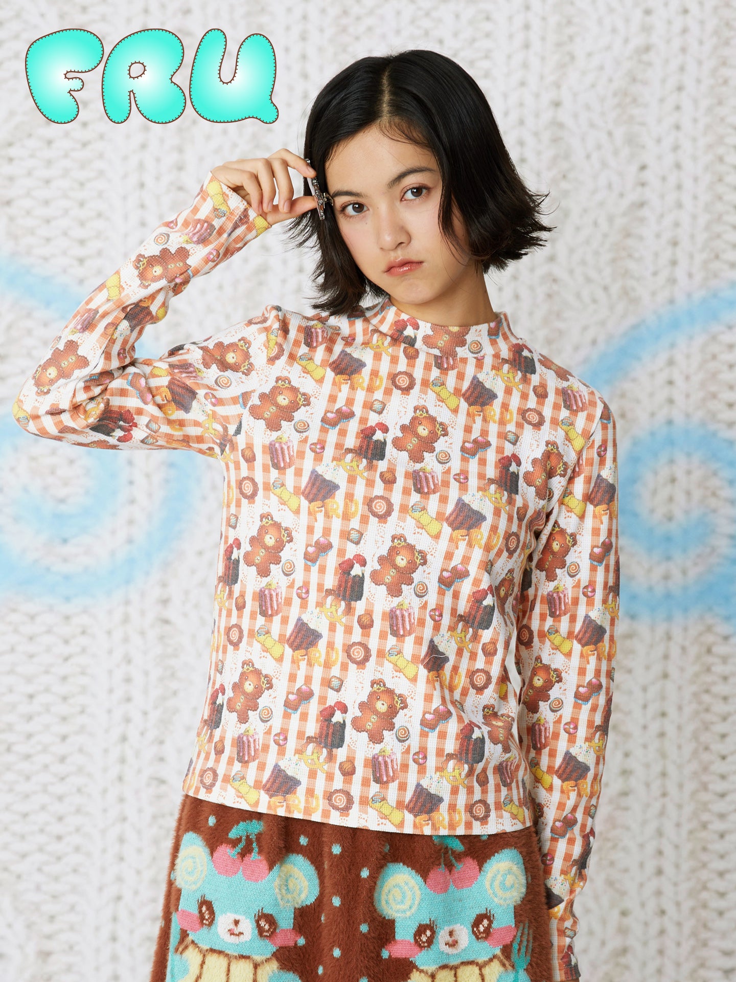 frufru - Kawaii Cookie Print Waffle Tee Long Sleeve Cotton Base Layer shirt frufru