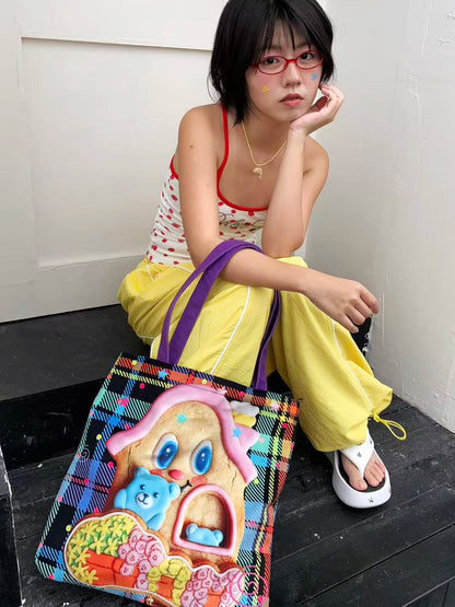 Oogreenapple - Cookie Dog & Bear Plaid Canvas Tote Bag bag Oogreenapple