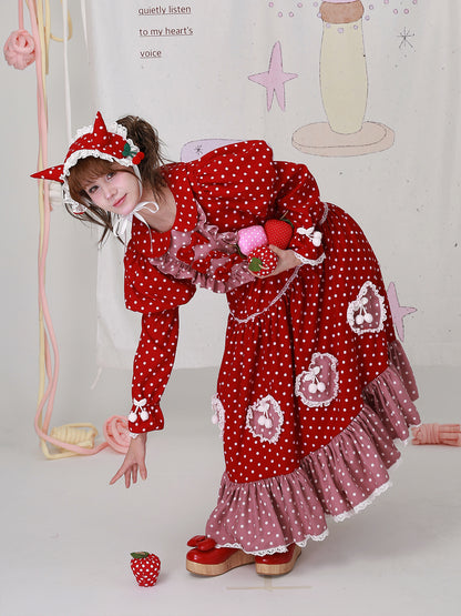 SOS MEME CLUB - Kawaii Red Polka Dot Christmas Dress Vintage Lolita Long Sleeve dress SOS MEME CLUB