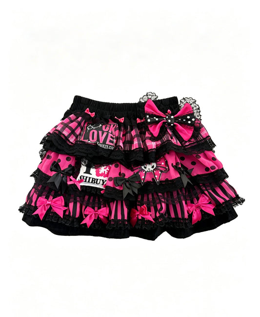 RedDevil - Black Pink Lace Ruffle Mini Skirt skirt Red Devil