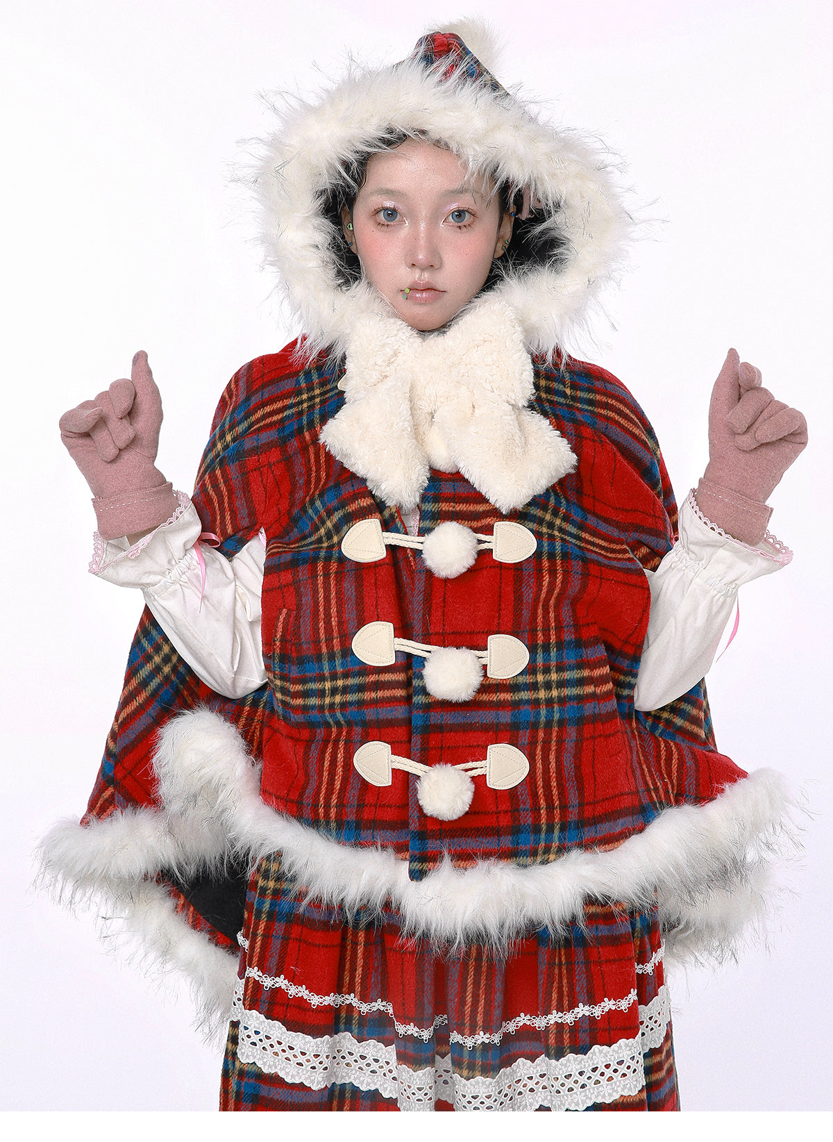 SOS MEME CLUB – Showa Christmas Red Plaid Wool Coat cape SOS MEME CLUB