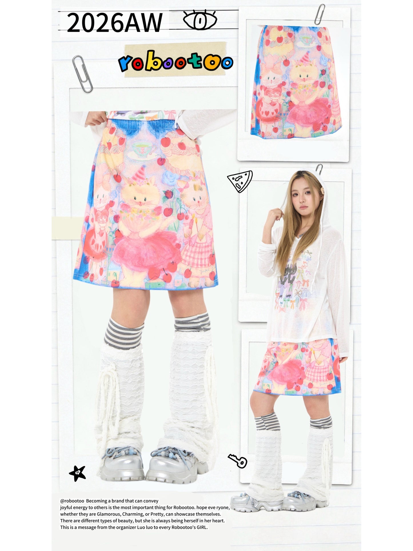 Robootoo - Blue Pink Cat Print Elastic Waist Skirt skirt Robootoo