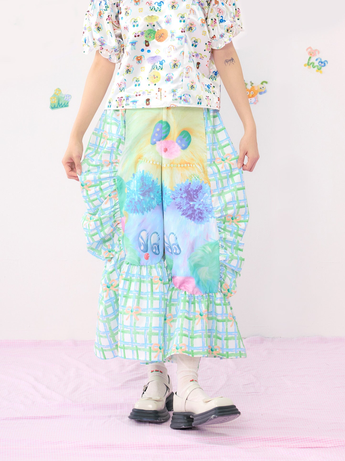 HELPHELP - Colorful Plaid Wide Leg Pants
