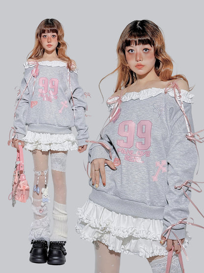FANLOVEGIRL - Grey/White Off-Shoulder Lace Sweatshirt shirt FANLOVEGIRL