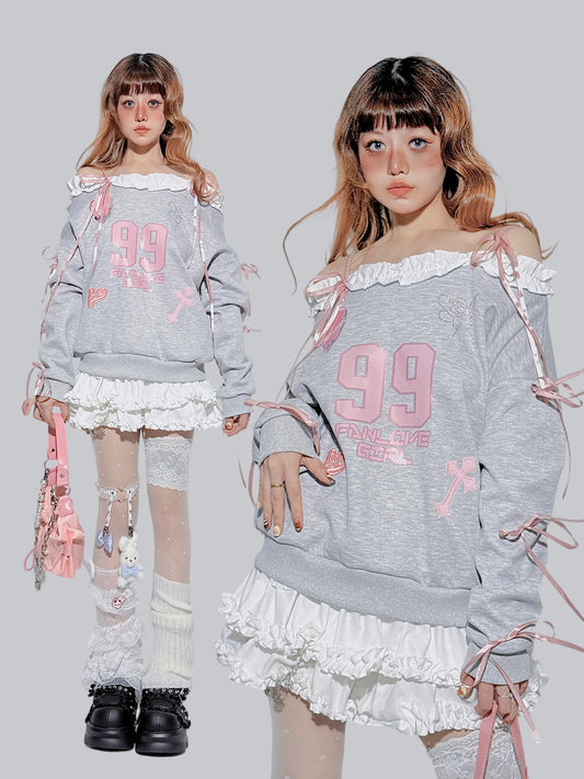 FANLOVEGIRL - Grey/White Off-Shoulder Lace Sweatshirt shirt FANLOVEGIRL