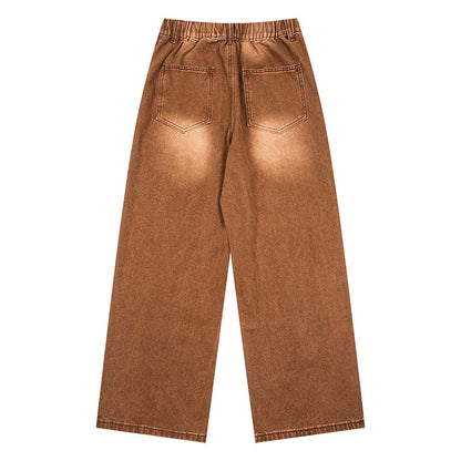 BIBULU - Brown Vintage Cat Dog Embroidered Wide-Leg Jeans pants BIBULU