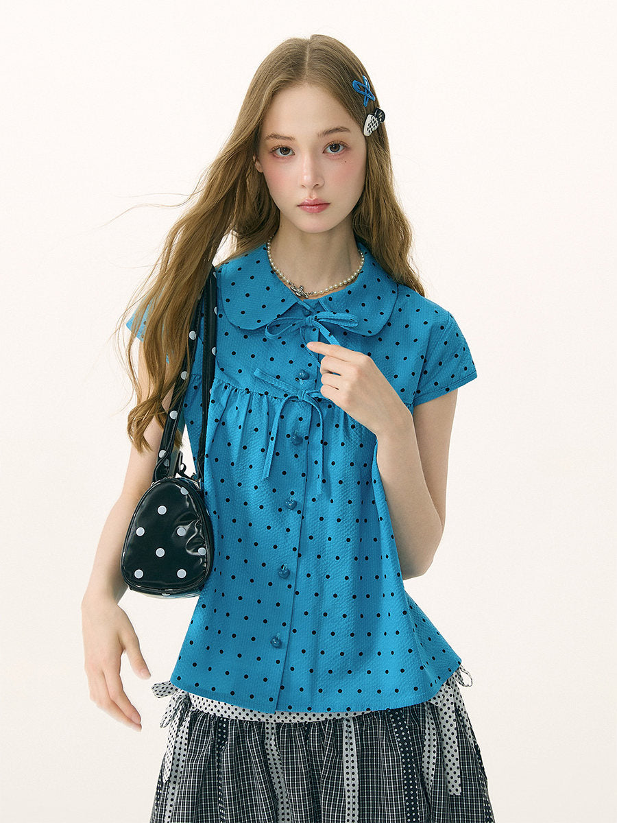 ziziFei - Blue Polka Dot Bow Doll Collar Shirt blouse ziziFei