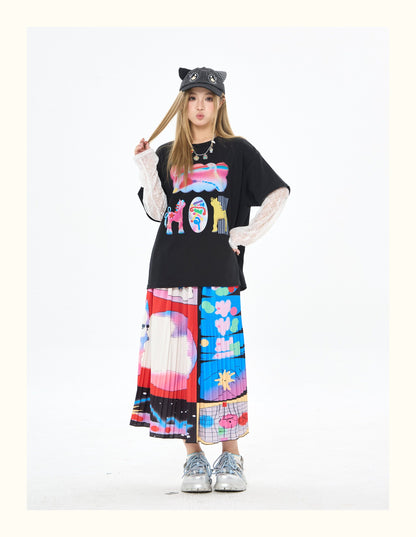 Robootoo - Bunny Print Pleated A-Line Midi Skirt skirt Robootoo