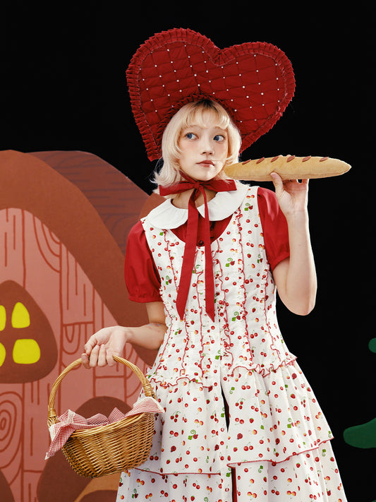 Meugler - Kawaii Red Mushroom & Berry Plaid Ruffle Midi Dress