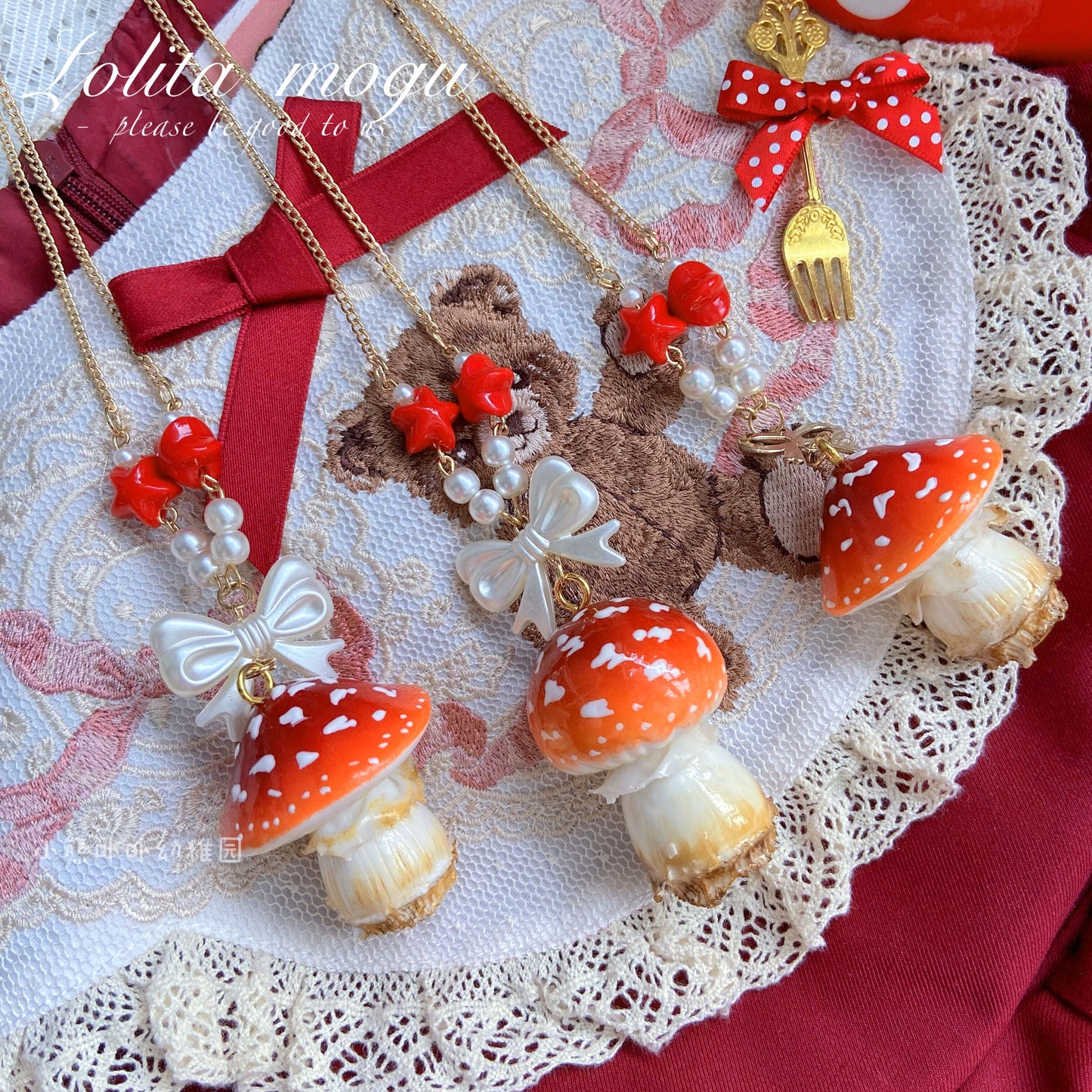 Bear Doll Mushroom Necklace | Decora Kei Handmade Resin Charm necklace Bear Doll