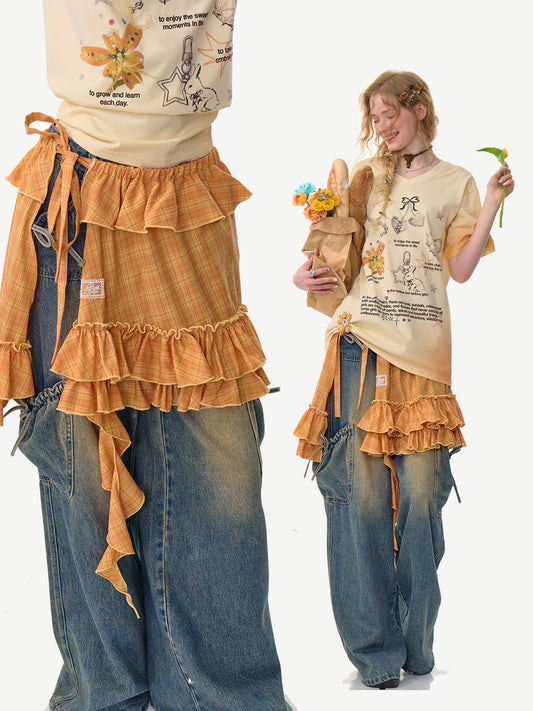 ziziFei - Girly Orange Plaid Ruffle Layered Peplum Skirt