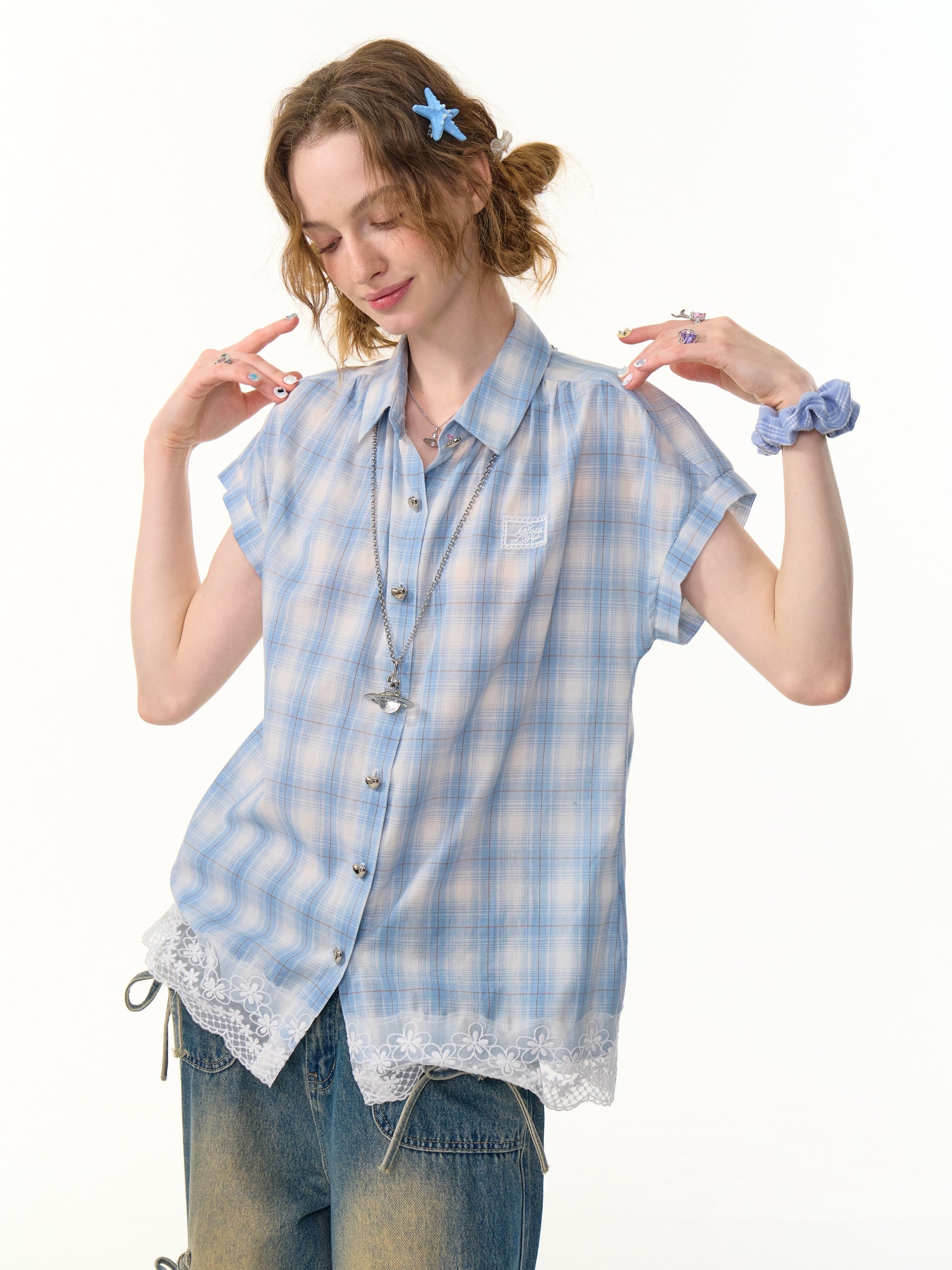 ziziFei - Girly Blue Plaid Lace Short Sleeve Shirt shirt ziziFei