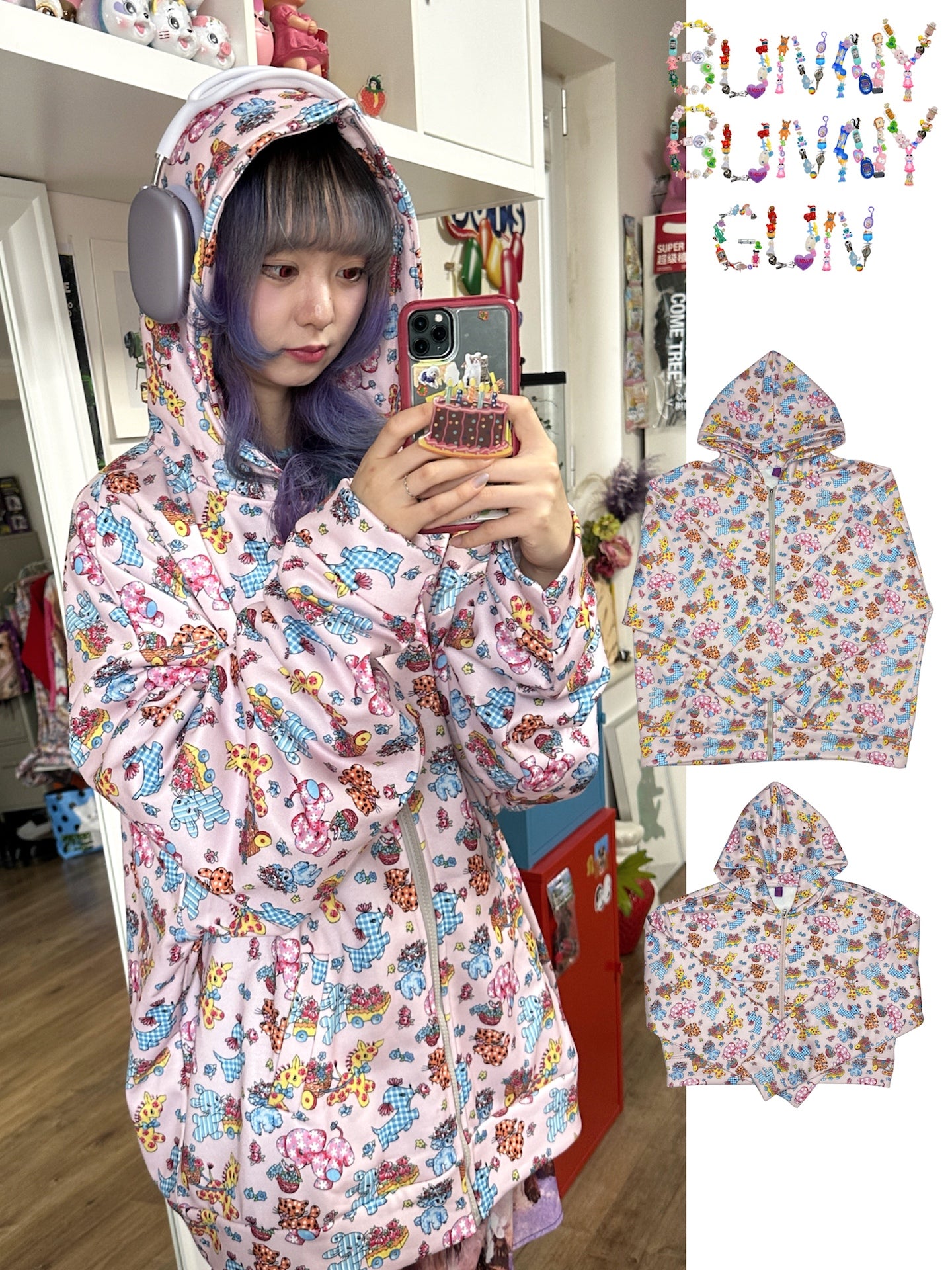 BunnyBunnyGun - Harajuku Vintage Animal Sweatshirt Pink Loose Fit hoodie bunnybunnygun