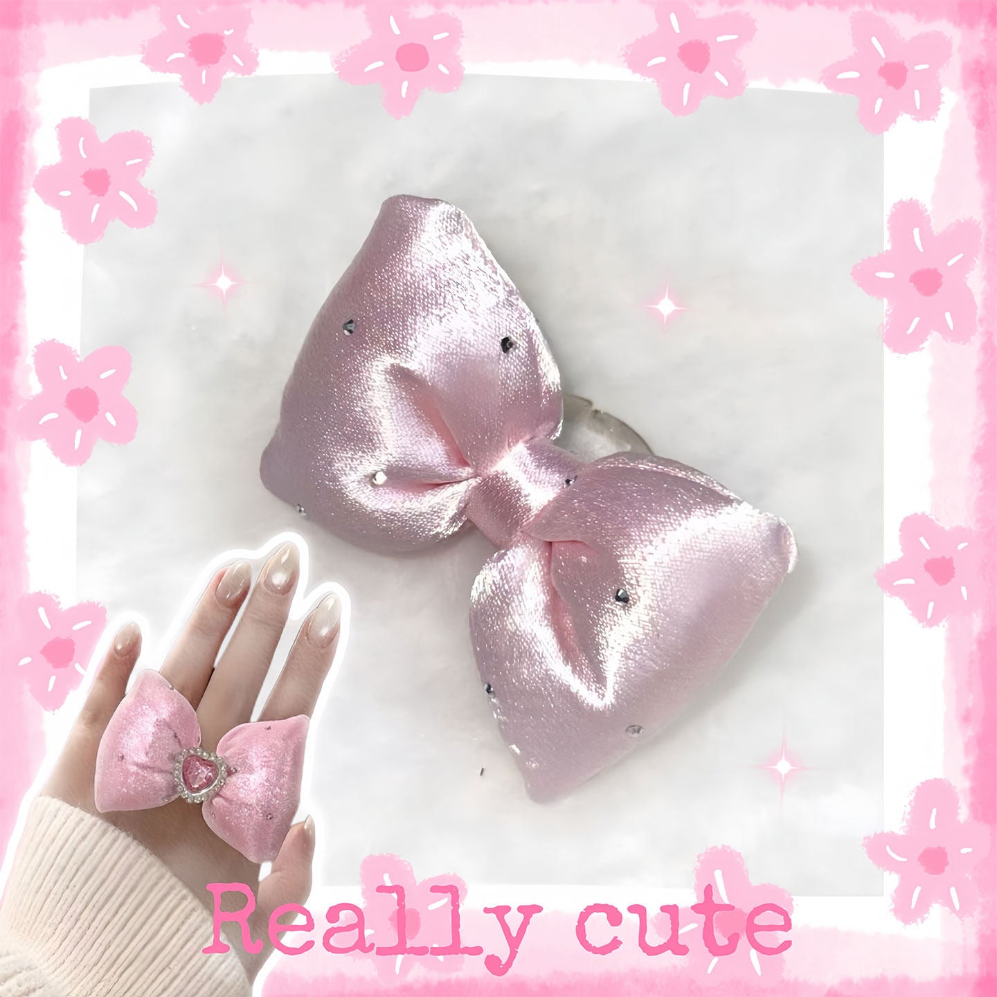 Sweet Bow Rhinestone Fabric Ring Land Decora