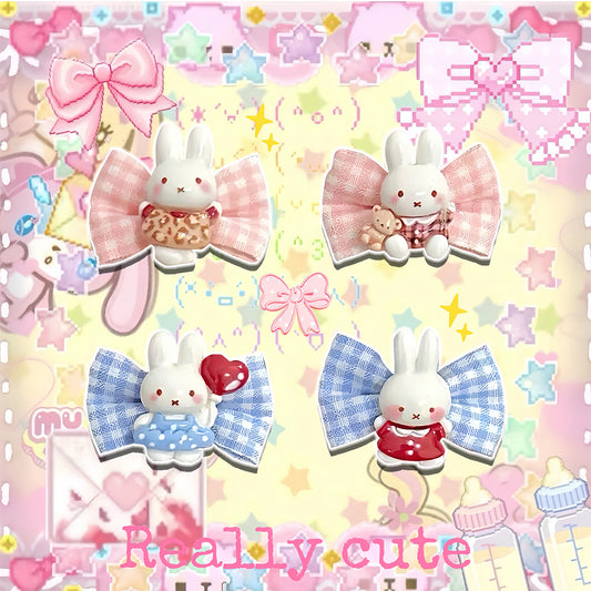 格纹蝴蝶结萌趣卡通米菲兔侧边刘海发夹 hair clip really cute
