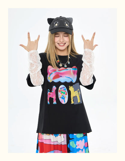 Robootoo - Black Lace Layered Long Sleeve T-Shirt tshirt Robootoo