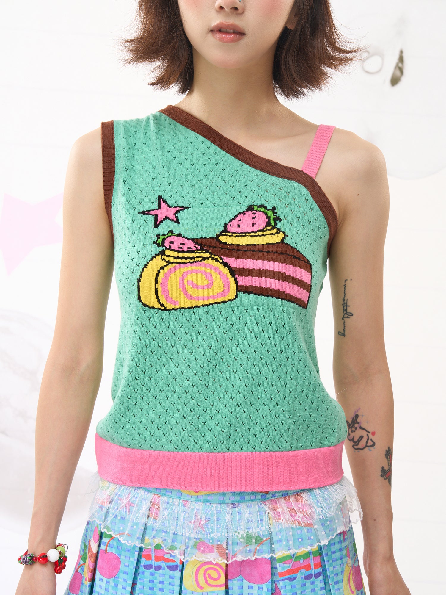 FRUITS Strawberry Cake Knit Tank | Hollowout Kawaii One-Shoulder Top camisole Fruits
