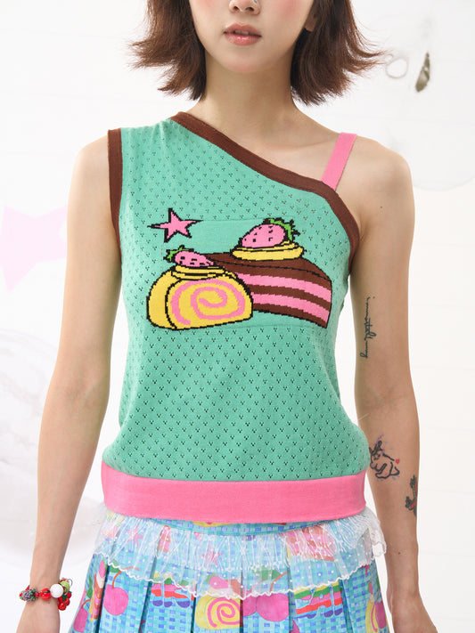 FRUITS Strawberry Cake Knit Tank | Hollowout Kawaii One-Shoulder Top camisole Fruits