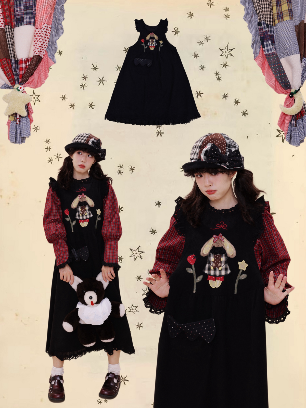 SemenCoicis - Vintage Corduroy Rabbit Embroidered Pinafore Dress dress SemenCoicis