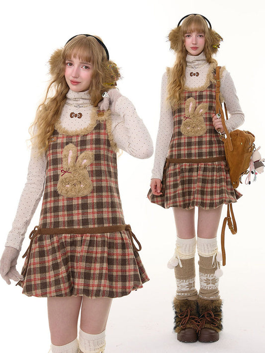 ziziFei - Brown Plaid Bunny Vest Dress dress ziziFei