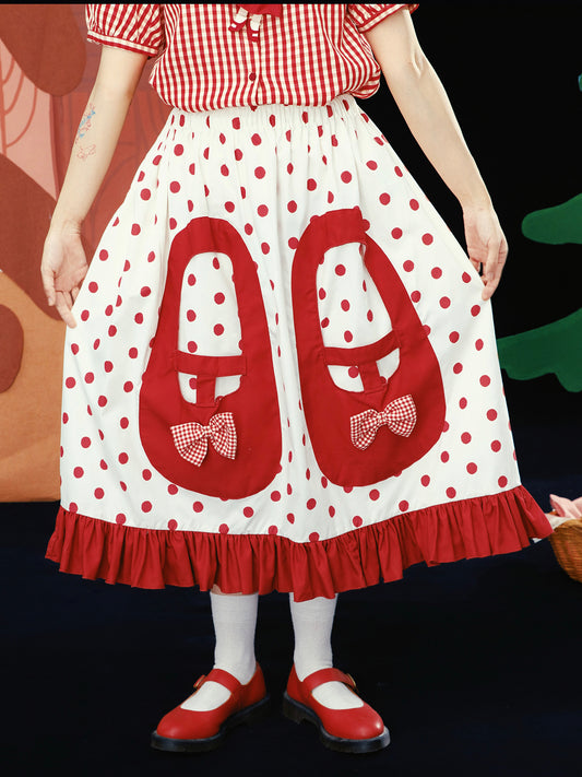 Meugler – Kawaii Giant Red Shoes Bow Pocket Polka Dot Skirt