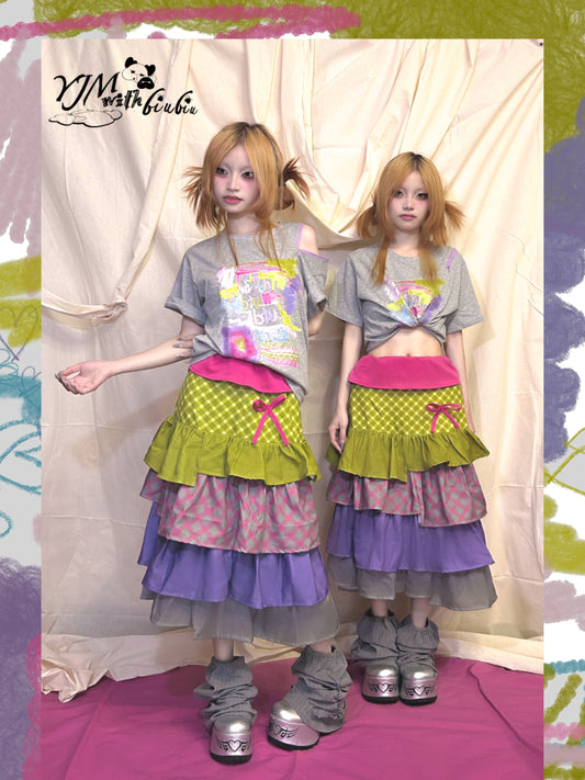 YJM with biubiu Cement Matcha Cake Layered Skirt – Harajuku Y2K Irregular Midi Skirt SKIRT YJM with biubiu