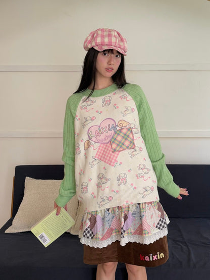 KaiXin hostel - Puppy Floral Contrast Knit Sweater sweater KaiXin hostel S