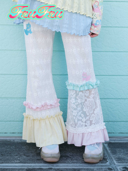 FruFru Color-Blocked Pants | Lace Embroidery Bell Pants | Casual High-Waist Pants