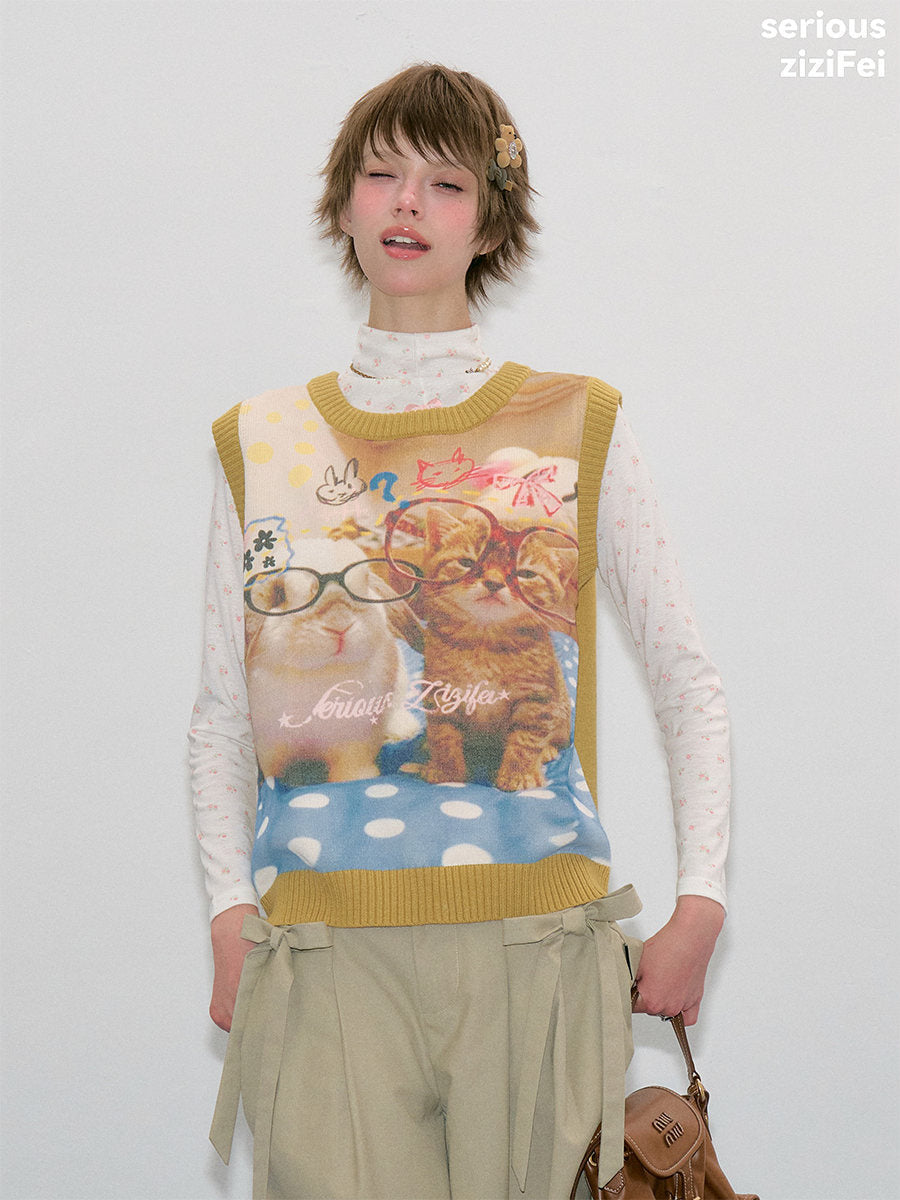ziziFei - Yellow Cat Print Vintage Knit Vest vest ziziFei