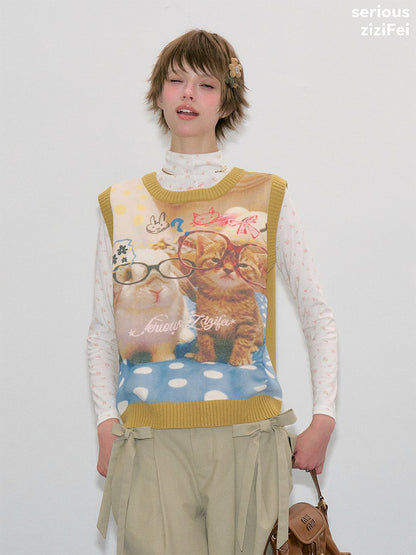 ziziFei - Yellow Cat Print Vintage Knit Vest vest ziziFei