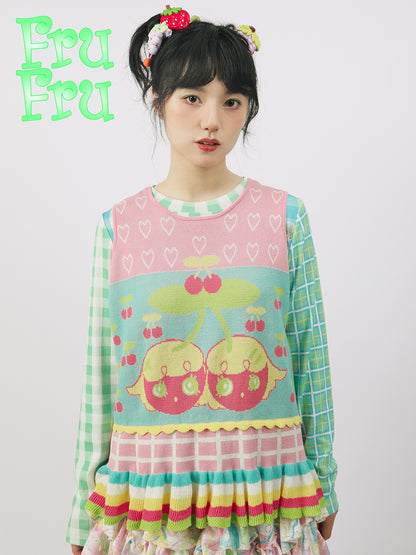 frufru Harajuku Fruit Knit Vest | Reversible Pink & Green Cotton Top