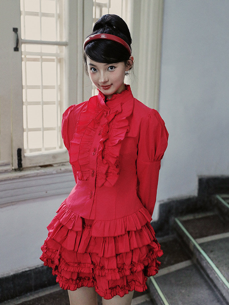 Nanjun Vintage - Lace Puff Sleeve Blouse & Cake Skirt Set set Nanjun Vintage