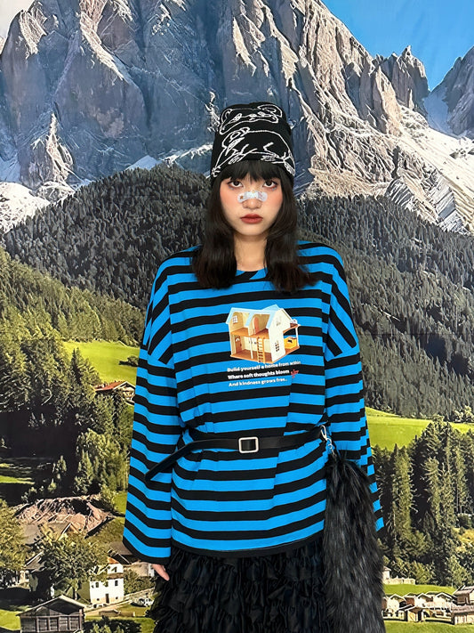 BunnyBunnyGun - Y2K Oversize Long Sleeve T Shirt Blue Black Stripes Shirt shirt bunnybunnygun